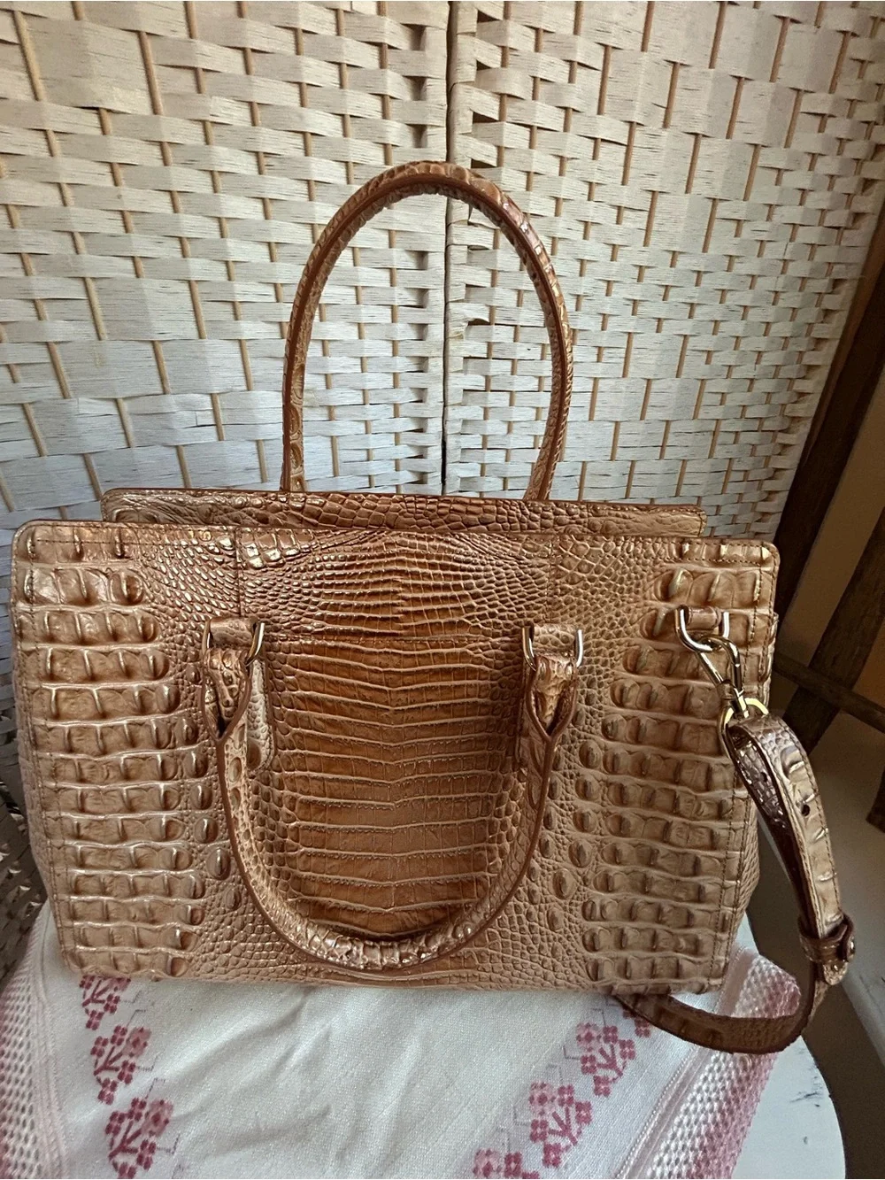 BRAHMIN FINLEY Driftwood Tan Metallic Croc-Embossed Satchel Tote Bag Office